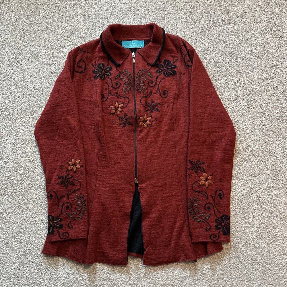 Grupo Esmeralda 100% Baby Alpaca Red Collared Floral Knit Zip Up Sweater Sz XS